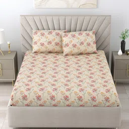 BOMBAY DYEING Beige & Orange Floral 144 TC Queen Bedsheet with 2 Pillow Covers-image-41