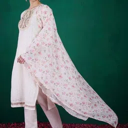 TURITY Women Floral Embroidered Regular Thread Work Chanderi Silk Kurta with Trousers & With Dupatta image 4