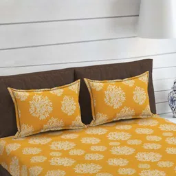 ohello Mustard Yellow And White Floral Printed 210 TC King Bedsheet Set- 1.98m x 1.82m image 2