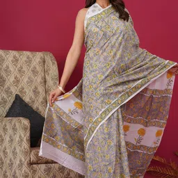shivanya  handicrafts Shivanya Handicrafts Floral Pure Cotton Block Print Saree image 5