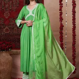 GoSriKi Floral Yoke Design Empire Thread Work A-Line Kurta With Trousers And Dupatta-picture-33