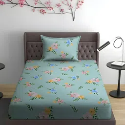 WEAVE AND DECOR Green & Pink Printed Pure Cotton 300 TC Single Bedsheet Set 2.28 x 1.52 m-image-20