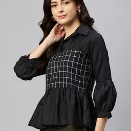 Cottinfab Checked Puff Sleeves Peplum Top image 5