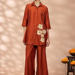 WineRed Embroidered Three-Quarter Sleeves Shirt With Trouser-image-0