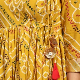 Sangria Yellow Bandhani Printed Angrakha V-Neck Pure Cotton Anarkali Kurti With Trouser image 3