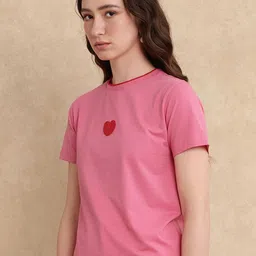 RAREISM Women Solid Round Neck Cotton T-shirt image 2