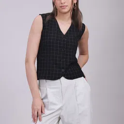 Sands of India Women Collarless Checked Tailored Jacket image 3