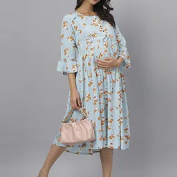 Mammas Maternity Women Floral Printed Bell Sleeve Fit and Flare Midi Dress-picture-40