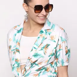 Zicada Women Floral Printed Polo Collar Tropical Pockets T-shirt-image-10