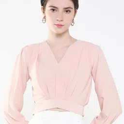 SHOWOFF Puff Sleeve Crepe Cinched Waist Crop Top-image-41