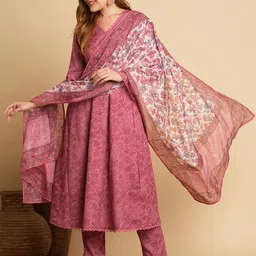 Anni Designer Ethnic Motifs Self Design V-Neck Anarkali Kurta with Trouser & Dupatta image 3