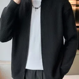 StyleCast x Revolte Self Design Mock Collar Front-Open Cable Sweaters image 3