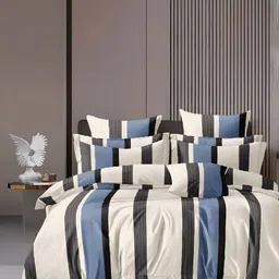 WEAVE AND DECOR White & Blue Striped 300 TC Queen Bedsheet with 2 Pillow Covers-image-84