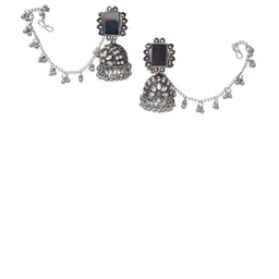 MEIRA JEWELLERY Silver-Plated Artificial Studded & Beaded Oxidised Dome Shaped Jhumkas image 2