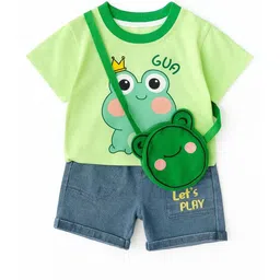Bold N Elegant Unisex Kids Green Blue Cotton Froggy T-shirt & Denim Shorts with Sling Bag-picture-51