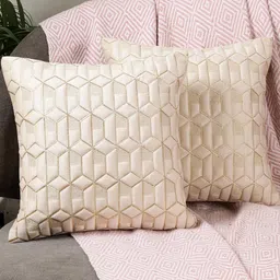 tanlooms Cream Color Geometric Design Velvet Cushion Cover Set of 5 image 2