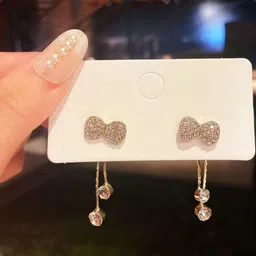 Zaphariq Gold-Plated Cubic Zirconia Studded Korean Bow Drop Earrings-picture-36