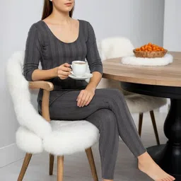TRENDY RABBIT Women Round Neck Striped Thermal Set-image-72