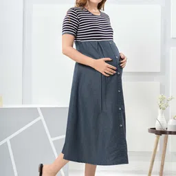 EASY MOM Striped Denim A-Line Midi Dress image 2