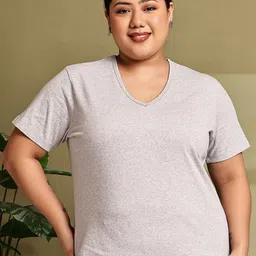Rute Women Plus Size Solid V-Neck Cotton T-shirt-image-91