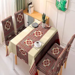 HOKIPO Maroon & Beige 5 Pieces Printed Dining Chair Cover With Matching Tablecloth image 5