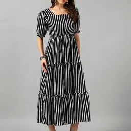 Krunal Raiyani Striped Puff Sleeve Fit & Flare Midi Dress-image-34
