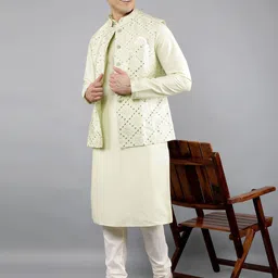 Manish Creations Mandarin Collar Straight Kurta With Churidar And Nehru Jacket image 4
