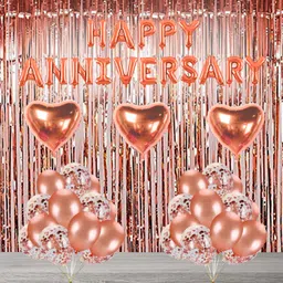 Solid Happy Anniversary Balloons Decoration Kit 41 Pcs, 1 set of Rose Gold 13Pcs "Happy Anniversary" alphabet foil balloons an 10pcs HD Metallic Rose Gold Balloons and 10Pcs Confetti Balloon with 2 Pcs Rose Gold Backdrop and 1Pc Ribbon for Kids Girl Balloons Decorations Items, Anniversary, Bachelorate Combo with Helium Letters Foil Balloon Banner, Metallic Balloons (Multicolor, Pack of 41)-image-34