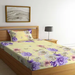 klotthe Yellow Floral 300 TC Cotton Single Bedsheet with 1 Pillow Cover image 1