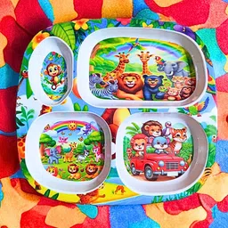 plateorzo Kids 4-Compartment Cartoon-Themed Melamine Plate –Jungle Design Dinner Plate image 2