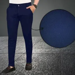 Men Slim Fit Blue Cotton Blend Trousers-image-2