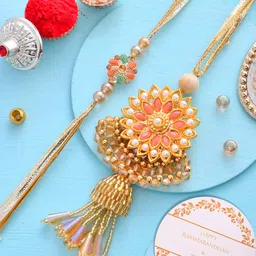 House of Pataudi Set Of 2 Pearl Beaded Rakhi With Roli Rice & Greeting Card image 2