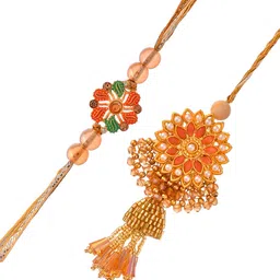 House of Pataudi Set Of 2 Pearl Beaded Rakhi With Roli Rice & Greeting Card image 3