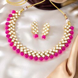 Peora Magenta Traditional Gold Plated Kundan Choker Necklace Jewellery Set-picture-6