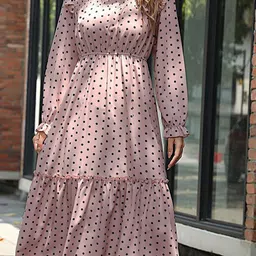StyleCast Pink Polka Dot High Neck Puff Sleeves Midi Dress-image-11