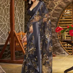 GHAN SALS Floral Printed Baluchari Saree With Blouse Piece image 3