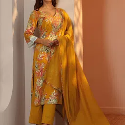 Libas Women Floral Printed V-Neck Thread Work Kurta with Trousers & Dupatta-image-62