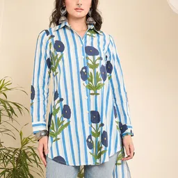 WineRed Women Vertical Stripes Printed Spread Collar Cotton Casual Shirt-picture-26