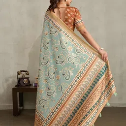 100 Dreams Paisley Printed Zari Tussar Saree image 4