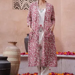 Sangria Printed Pure Cotton Kurta With Trouser & Longline Front-Open Shrug-picture-35