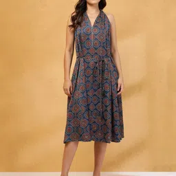 Fabindia Women Ethnic Motifs Printed Sleeveless Fit & Flare Midi Dress-picture-41