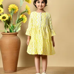 MoMaa Girls Chevron Print Gathered or Pleated Bell Sleeves Cotton A-Line Dress-picture-47