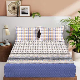 VINTANA White & Blue Ethnic Motifs 210 TC King Bedsheet with 2 Pillow Covers-picture-13