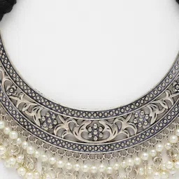 PANASH Oxidised Silver-Plated Pearl Cresent Shaped Choker Necklace image 3