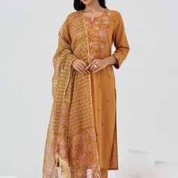 DIVASTRI Floral Embroidered Regular Thread Work Straight Kurta With Trousers & Dupatta-image-30