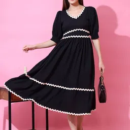 SHEETAL Associates Women Puff Sleeve Ruffled Crepe Fit & Flare Midi Dress-image-87