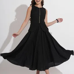 Murcia Women Black Solid Linen Blend Waistcoat With Flared Skirt Co-Ord Set image 5