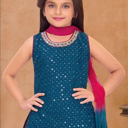 Lagorii Girls Ethnic Motifs Embroidered Regular Sequinned Kurta with Patiala & With Dupatta image 4