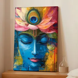 Myntra Elegant Homes Blue Shree Krishna Closed Eyes Face Canvas Religious Wall Art image 4