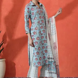 Sangria Floral Printed Straight Pure Cotton Kurta With Trousers & Dupatta image 5